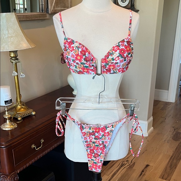 Bikini Set Colorful Floral Top String Bikini Bottom Orange Pink White Green - Picture 1 of 9